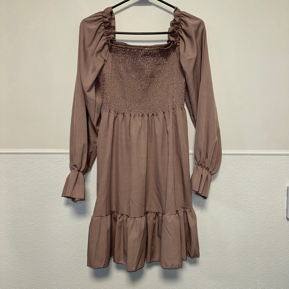 Women's Smocked Square Neck Dress Mauve Size Medium babydoll long sleeve Boho - Picture 9 of 14